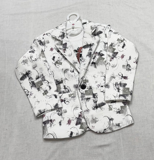 Boys Printed Blazer Set with Black Trouser – White | Partywear (1-3Y)