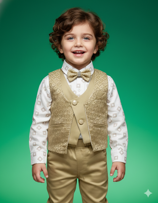 Boys Gold Embroidered Waistcoat Set with Printed Shirt & Bow Tie (3-Piece Partywear)