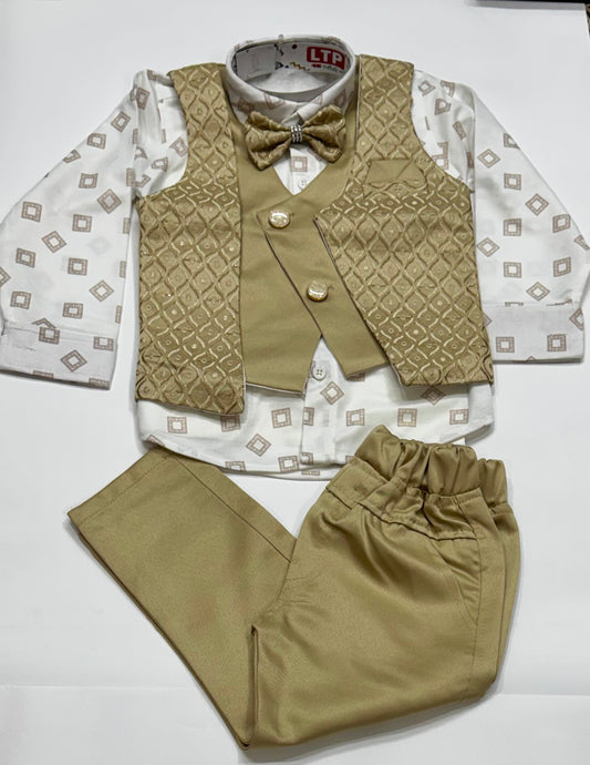 Boys Gold Embroidered Waistcoat Set with Printed Shirt & Bow Tie (3-Piece Partywear)