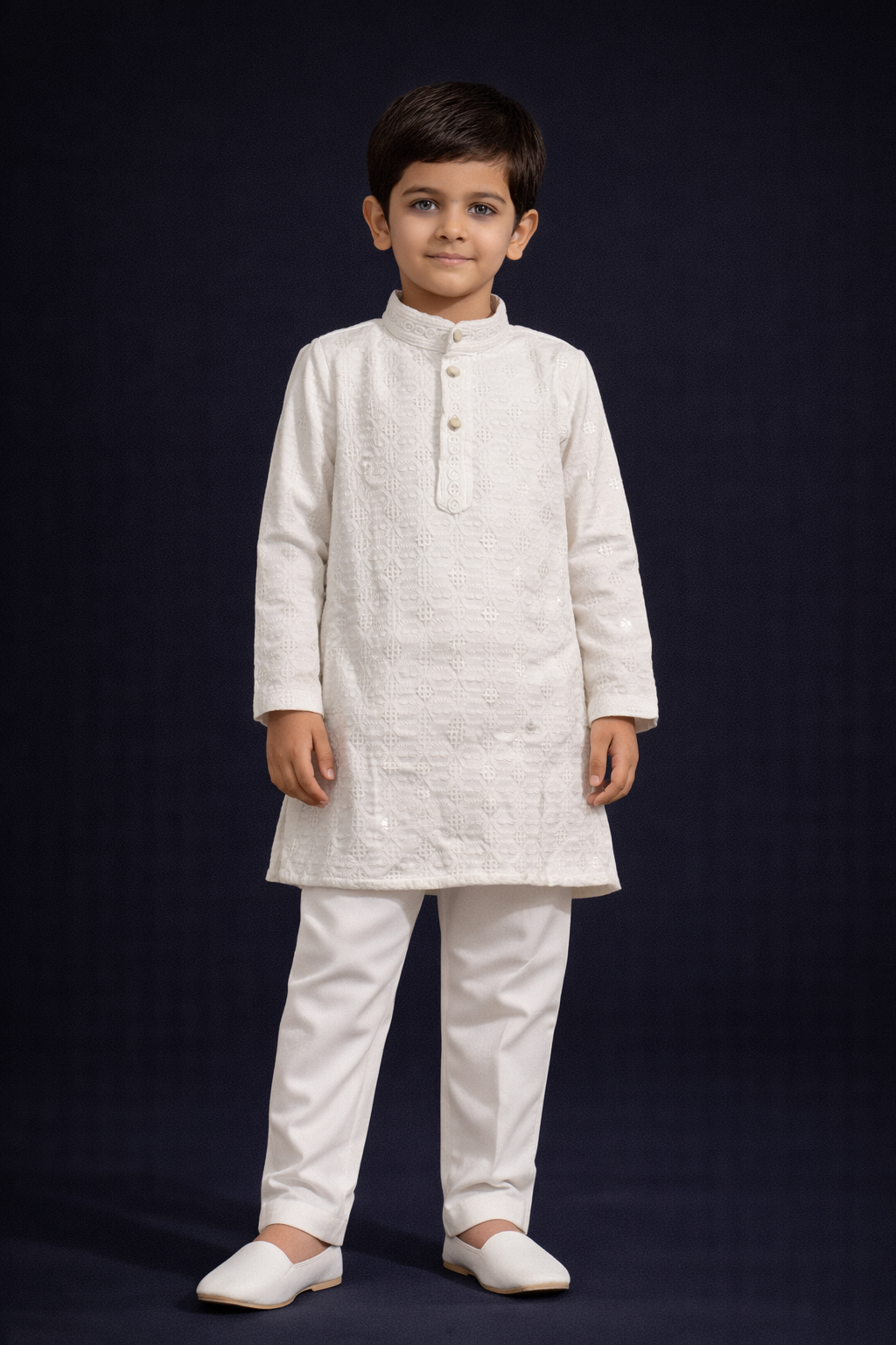 Premium Chickenkari Kurta Pajama Set for Boys – White | Wedding & Festive
