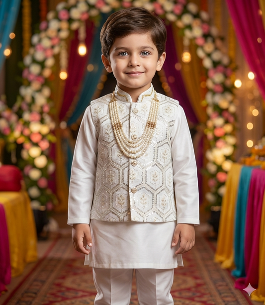 Royal Ivory Embroidered Kurta Jacket Set for Boys with Pearl Mala – Festive & Wedding Wear