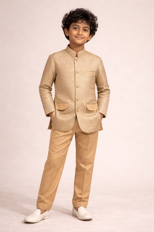 Classic Beige Jacquard Bandhgala Suit for Boys – Party & Wedding Wear