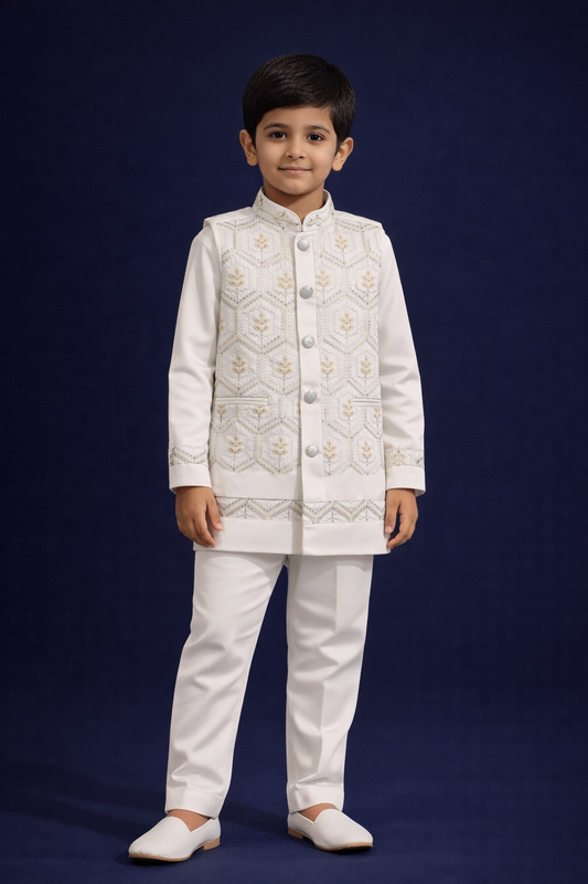 Elegant Ivory Embroidered Kurta Jacket Set for Boys – Festive & Wedding Wear
