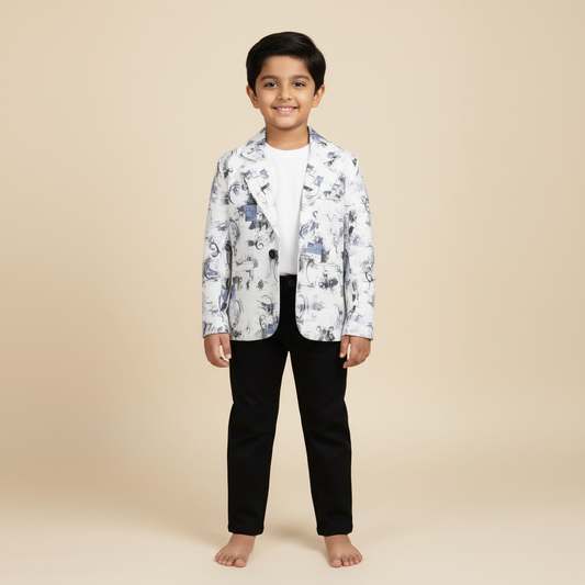 Boys Printed Blazer Set with Black Trouser – White | Partywear (1-3Y)